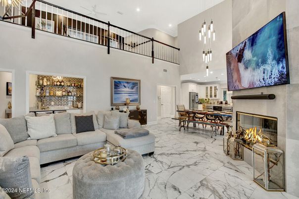 Dining room, Fireplace, Interior, Living room, Marble, Pendant Lights, Recessed Lighting