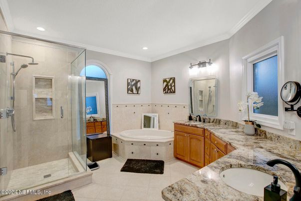 Bathroom, Dual Sink Vanities, Glass Shower, Interior, Recessed Lighting