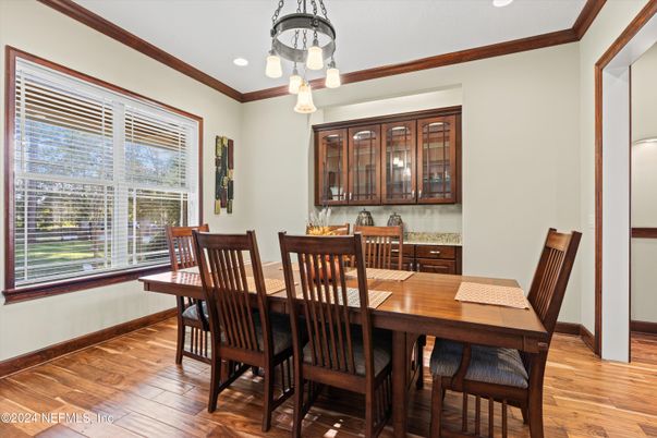 Dining room, Interior, Recessed Lighting, Wood Texture Flooring