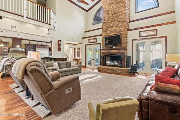 Fireplace, Interior, Kitchen, Living room, Pendant Lights, Recessed Lighting, Wood Texture Flooring