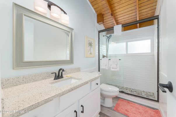 Bathroom, Glass Shower, Interior, Wooden Beams, Wooden Ceilings, Wood Texture Flooring