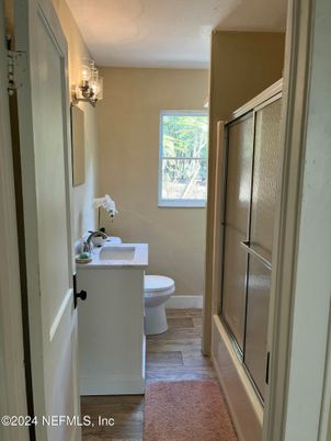 Bathroom, Glass Shower, Interior, Wood Texture Flooring