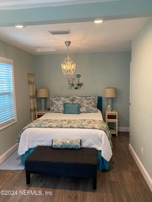Bedroom, Interior, Pendant Lights, Recessed Lighting, Wood Texture Flooring