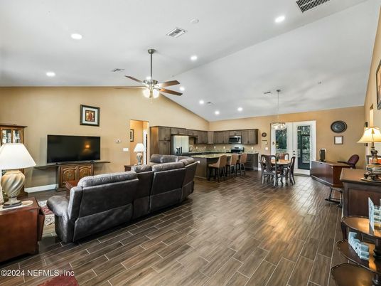 Dining room, Interior, Kitchen, Living room, Pendant Lights, Recessed Lighting, Stainless Steel Appliances, Wood Texture Flooring