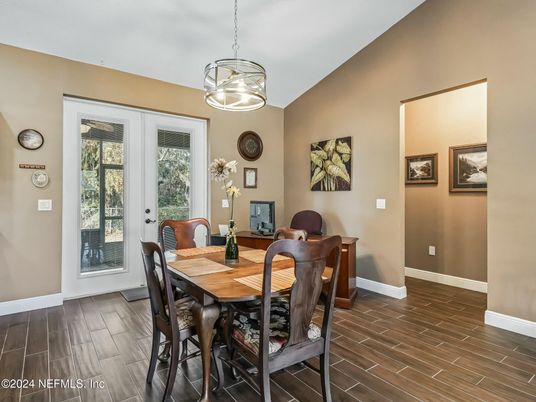 Dining room, Interior, Pendant Lights, Wood Texture Flooring