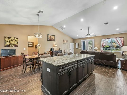 Dining room, Interior, Living room, Pendant Lights, Recessed Lighting, Wood Texture Flooring