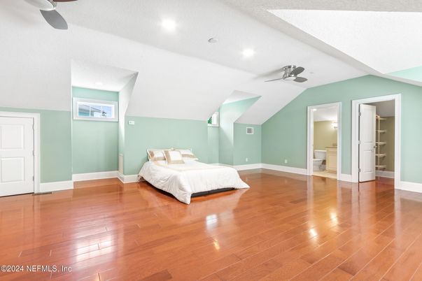 Bedroom, Interior, Recessed Lighting, Wood Texture Flooring