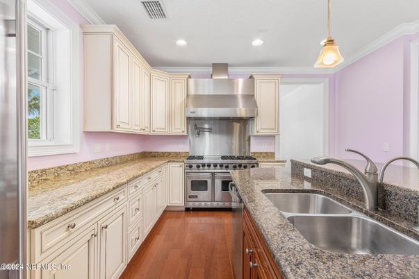 Interior, Kitchen, Pendant Lights, Recessed Lighting, Stainless Steel Appliances, Wood Texture Flooring