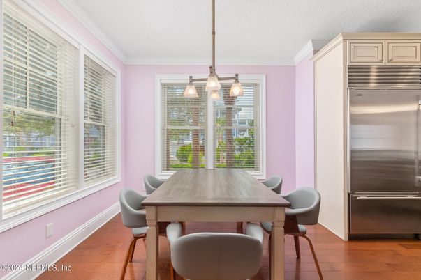 Dining room, Interior, Pendant Lights, Stainless Steel Appliances, Wood Texture Flooring
