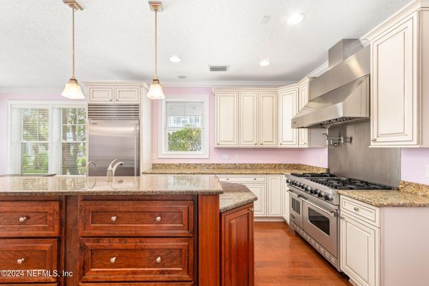 Interior, Kitchen, Pendant Lights, Recessed Lighting, Stainless Steel Appliances, Wood Texture Flooring