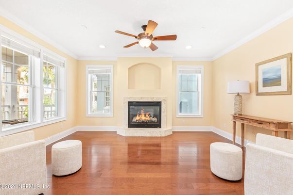Empty room, Fireplace, Interior, Recessed Lighting, Wood Texture Flooring
