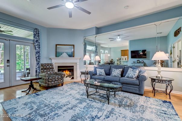 Fireplace, Interior, Living room, Recessed Lighting, Wood Texture Flooring