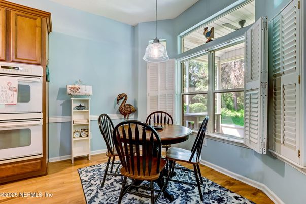 Dining room, Interior, Pendant Lights, Wood Texture Flooring