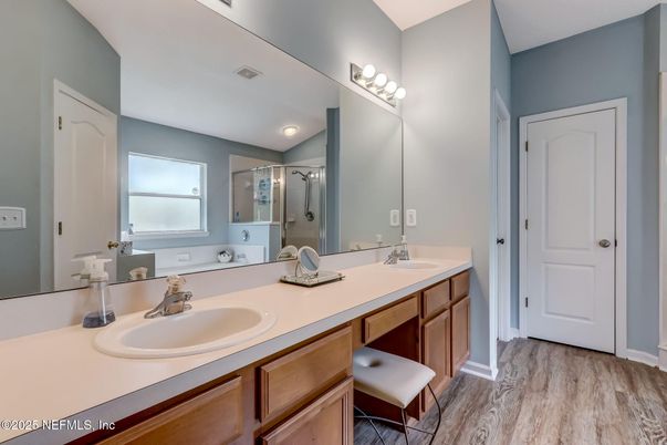 Bathroom, Dual Sink Vanities, Interior, Wood Texture Flooring