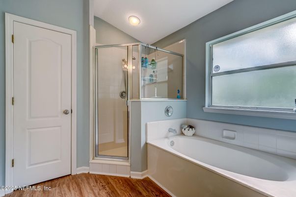 Bathroom, Glass Shower, Interior, Recessed Lighting, Wood Texture Flooring