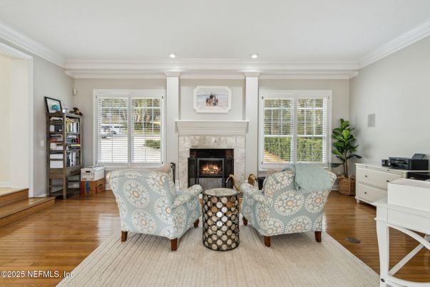 Fireplace, Interior, Living room, Recessed Lighting, Wood Texture Flooring