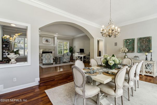 Chandelier, Dining room, Fireplace, Interior, Living room, Recessed Lighting, Wood Texture Flooring