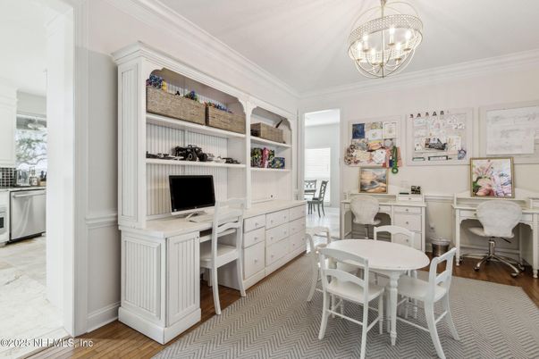 Chandelier, Home Office, Interior, Wood Texture Flooring