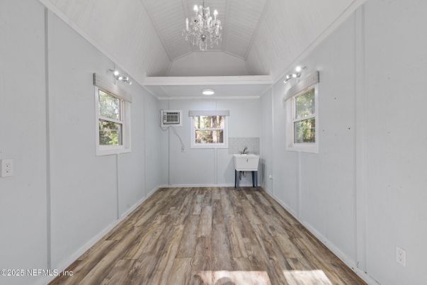 Chandelier, Empty room, Interior, Recessed Lighting, Wood Texture Flooring