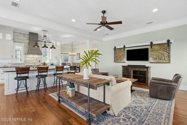 Dining room, Fireplace, Interior, Kitchen, Living room, Pendant Lights, Recessed Lighting, Wood Texture Flooring