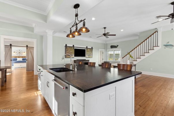 Interior, Kitchen, Pendant Lights, Recessed Lighting, Wood Texture Flooring