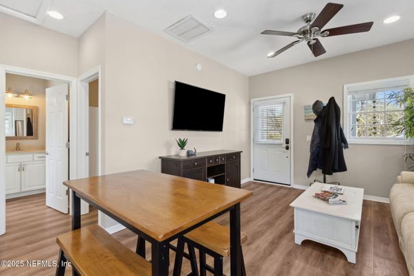 Dining room, Interior, Recessed Lighting, Wood Texture Flooring