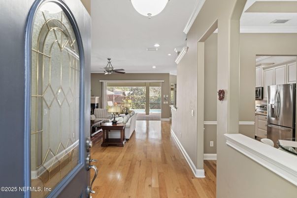 Interior, Kitchen, Living room, Recessed Lighting, Stainless Steel Appliances, Wood Texture Flooring