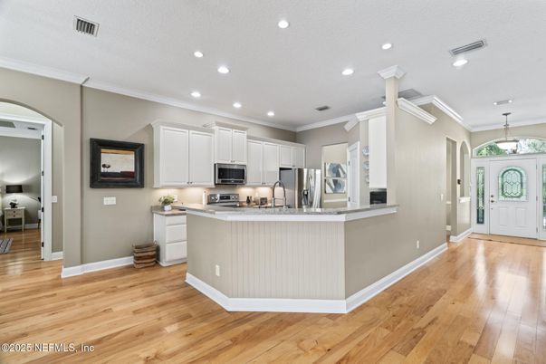 Interior, Kitchen, Pendant Lights, Recessed Lighting, Stainless Steel Appliances, Wood Texture Flooring