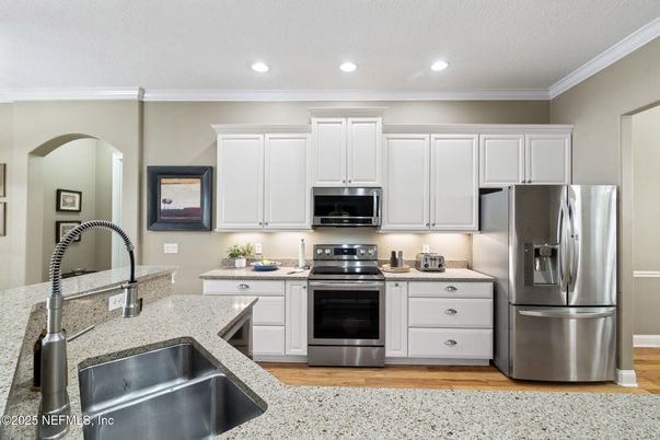 Interior, Kitchen, Recessed Lighting, Stainless Steel Appliances, Wood Texture Flooring