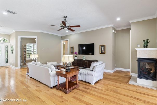 Fireplace, Interior, Living room, Recessed Lighting, Wood Texture Flooring