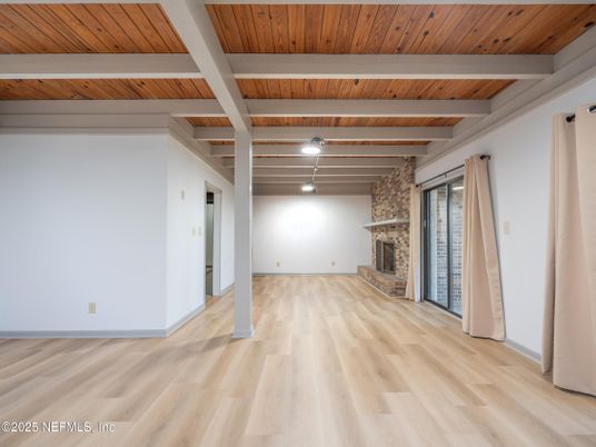Empty room, Fireplace, Interior, Wooden Beams, Wooden Ceilings, Wood Texture Flooring