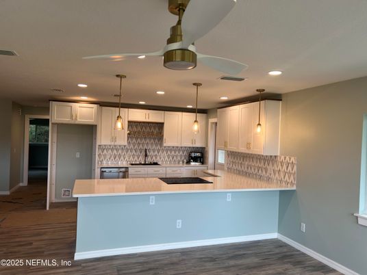 Interior, Kitchen, Pendant Lights, Recessed Lighting, Wood Texture Flooring
