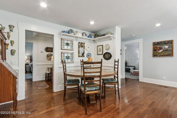 Dining room, Interior, Recessed Lighting, Wood Texture Flooring