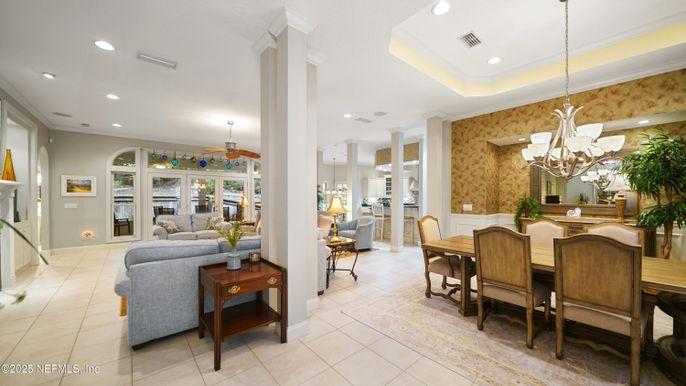 Chandelier, Dining room, Fireplace, Interior, Living room, Pendant Lights, Recessed Lighting