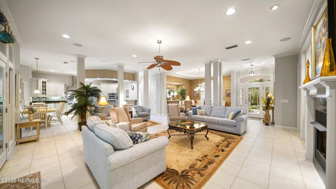 Dining room, Fireplace, Interior, Kitchen, Living room, Pendant Lights, Recessed Lighting