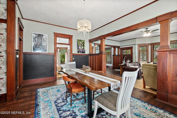 Chandelier, Dining room, Interior, Wood Texture Flooring