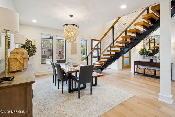 Chandelier, Dining room, Interior, Recessed Lighting, Wood Texture Flooring