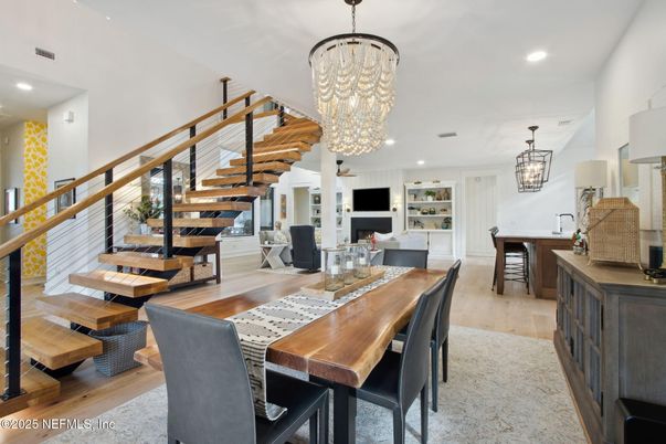 Chandelier, Dining room, Interior, Living room, Recessed Lighting, Wood Texture Flooring