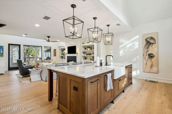 Interior, Kitchen, Living room, Pendant Lights, Recessed Lighting, Wood Texture Flooring