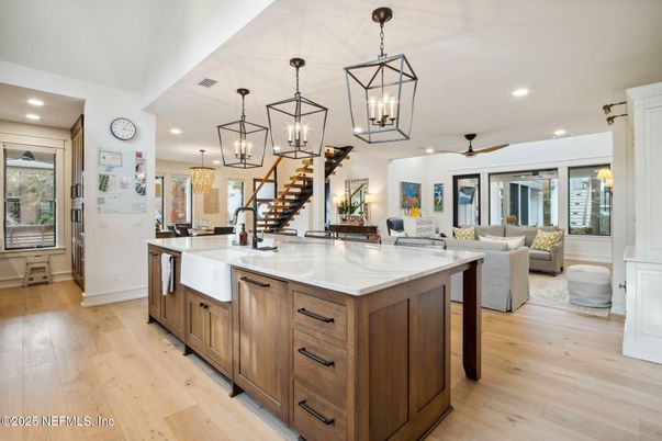 Dining room, Interior, Kitchen, Living room, Pendant Lights, Recessed Lighting, Wood Texture Flooring
