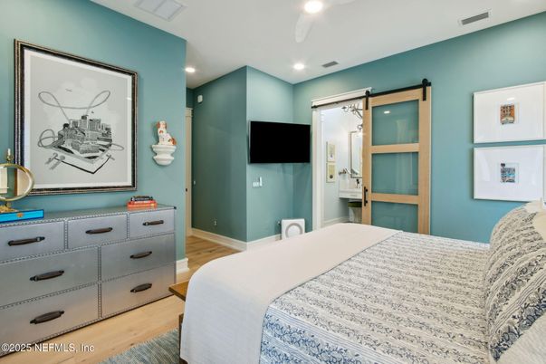 Bedroom, Interior, Recessed Lighting, Wood Texture Flooring