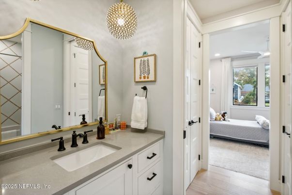 Bathroom, Bedroom, Interior, Pendant Lights, Recessed Lighting, Wood Texture Flooring
