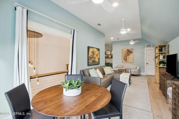 Dining room, Interior, Living room, Pendant Lights, Recessed Lighting, Wood Texture Flooring