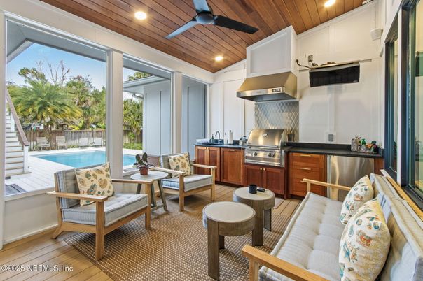 Interior, Kitchen, Living room, Recessed Lighting, Stainless Steel Appliances, Wooden Ceilings, Wood Texture Flooring