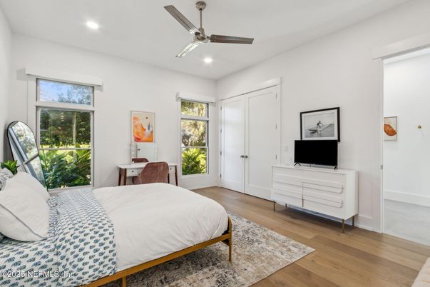 Bedroom, Interior, Recessed Lighting, Wood Texture Flooring