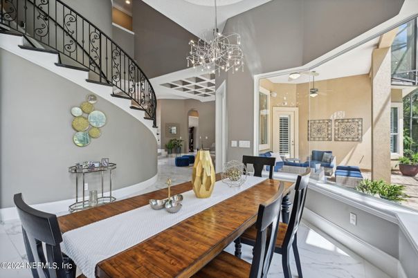 Chandelier, Dining room, Interior, Marble, Pendant Lights, Recessed Lighting, Wood Texture Flooring