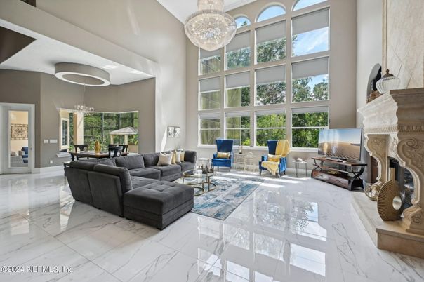 Chandelier, Fireplace, Interior, Living room, Marble, Pendant Lights