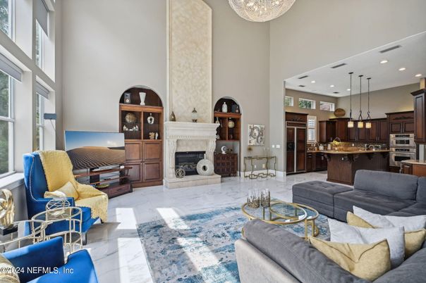 Fireplace, Interior, Kitchen, Living room, Marble, Pendant Lights, Recessed Lighting