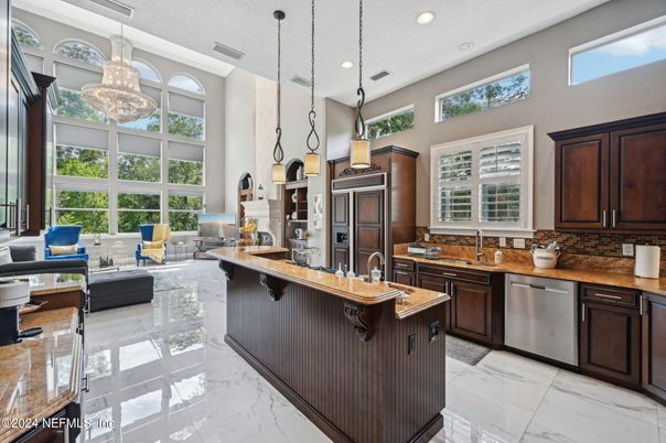 Interior, Kitchen, Living room, Marble, Pendant Lights, Recessed Lighting, Stainless Steel Appliances