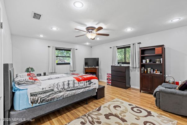 Bedroom, Interior, Recessed Lighting, Wood Texture Flooring